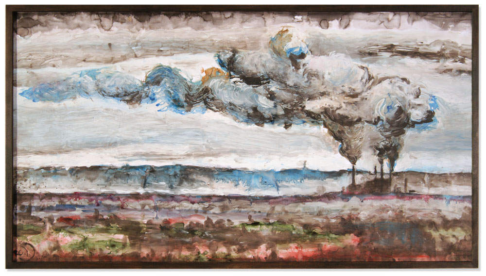 Wolken über der Rheinebene, März 2016, Tusche und Dispersion auf Papier, 130 x 70 cm, gerahmt